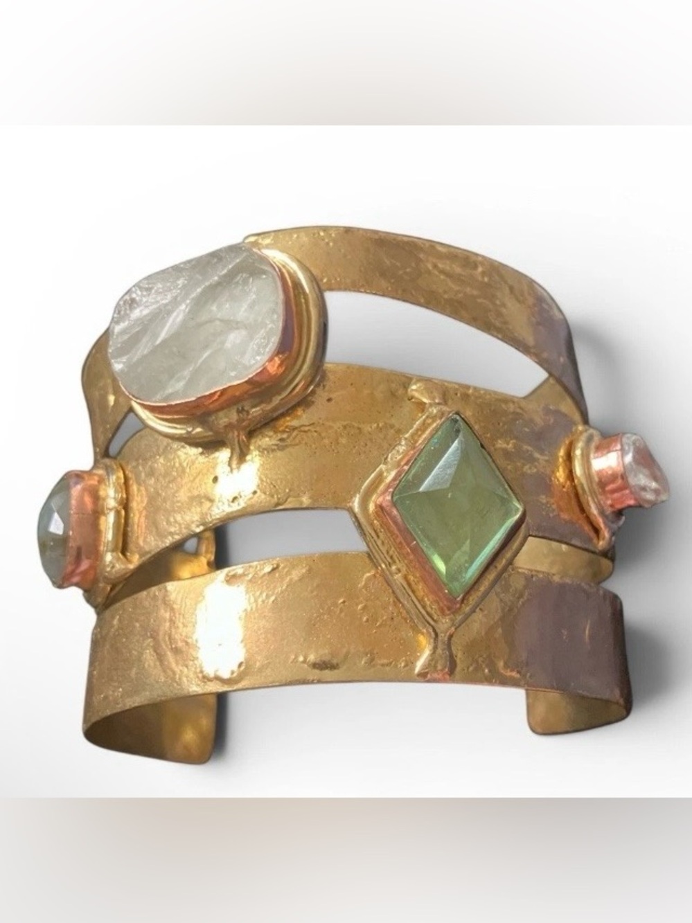 Artisan Brass Wide Cuff Bracelet w/ Quartz stones